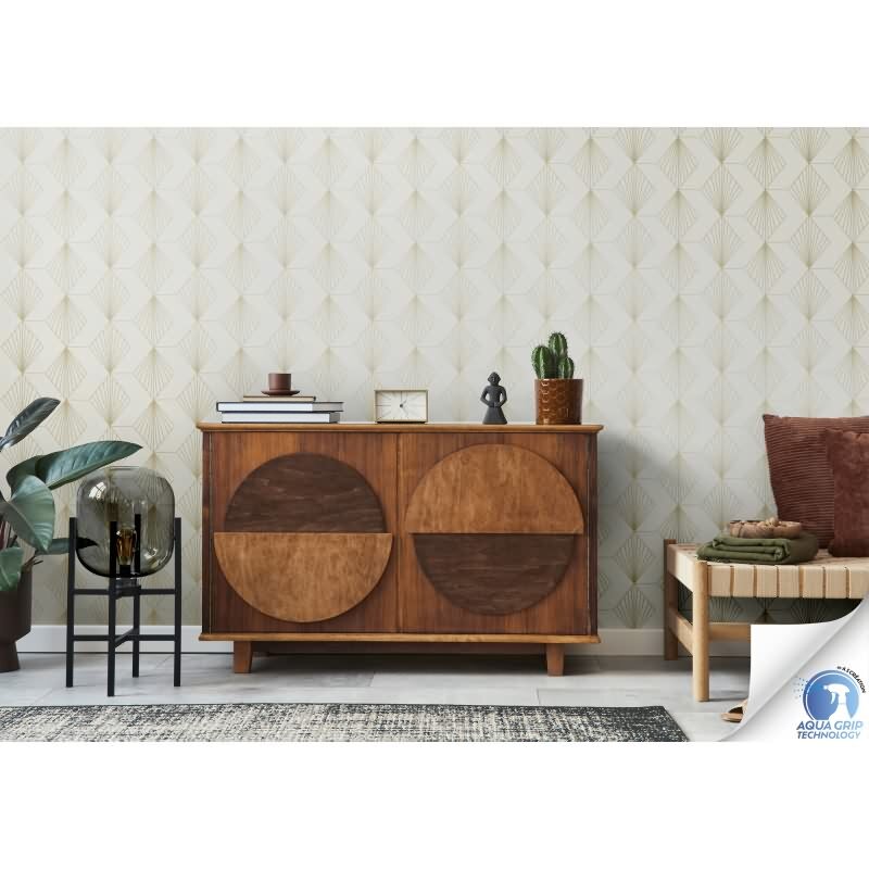 Vorgekleisterte Art-Déco-Tapete Weiß Gold - Vliestapete mit geometrischem Muster (KG-172825)