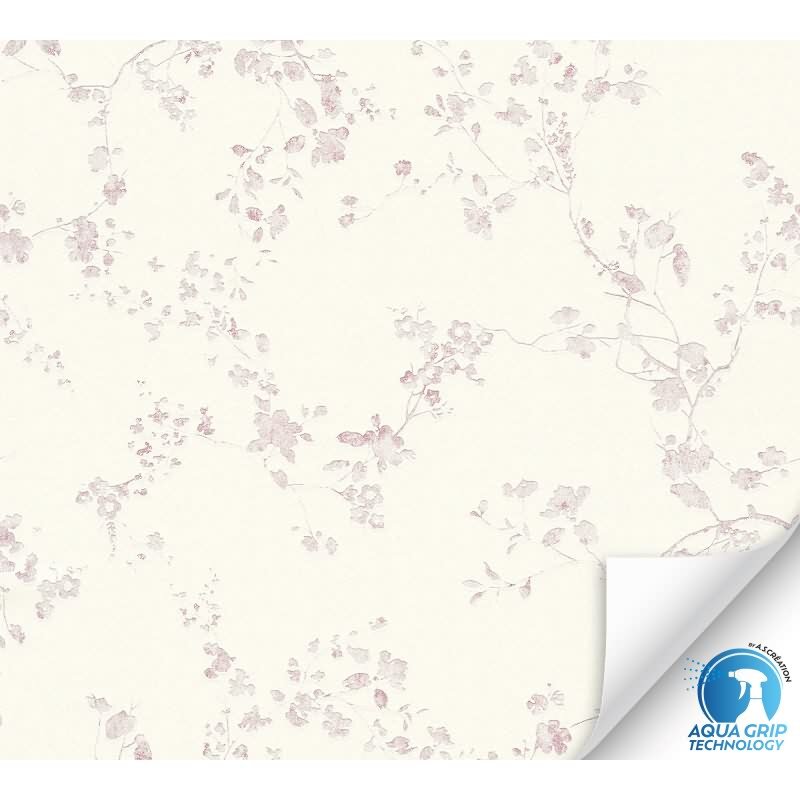 Vorgekleisterte florale Vliestapete Weiß Rosa - Landhaus Blütentapete mit Zweigen (KG-172828)