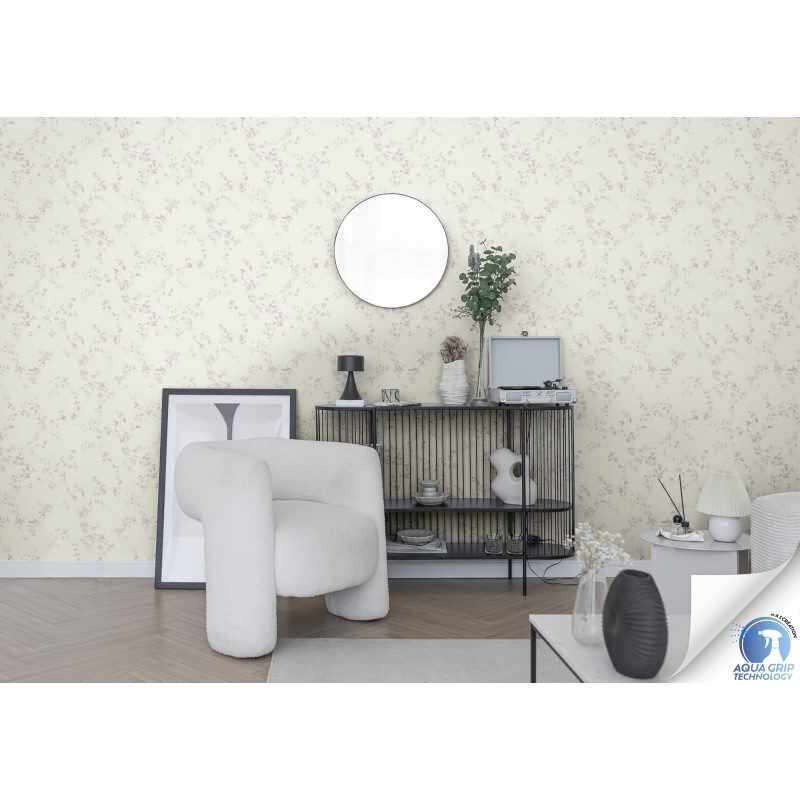 Vorgekleisterte florale Vliestapete Weiß Rosa - Landhaus Blütentapete mit Zweigen (KG-172828)