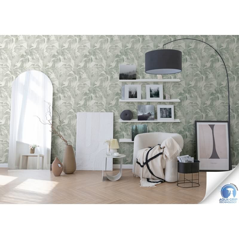 Vorgekleisterte Tapete in Dschungeloptik Grün Weiß - strukturierte Blätter-Vliestapete (KG-172829)