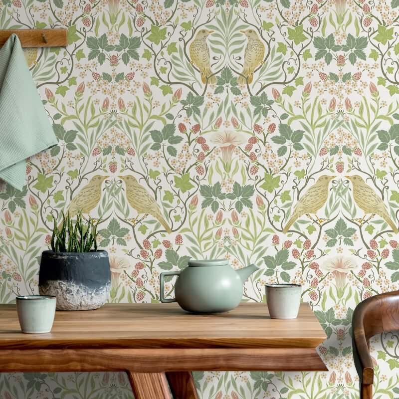 Vliestapete Vögel, Blumen Floral Natur in Weiß für Wohnzimmer, Schlafzimmer, Lounge (KG-172857)