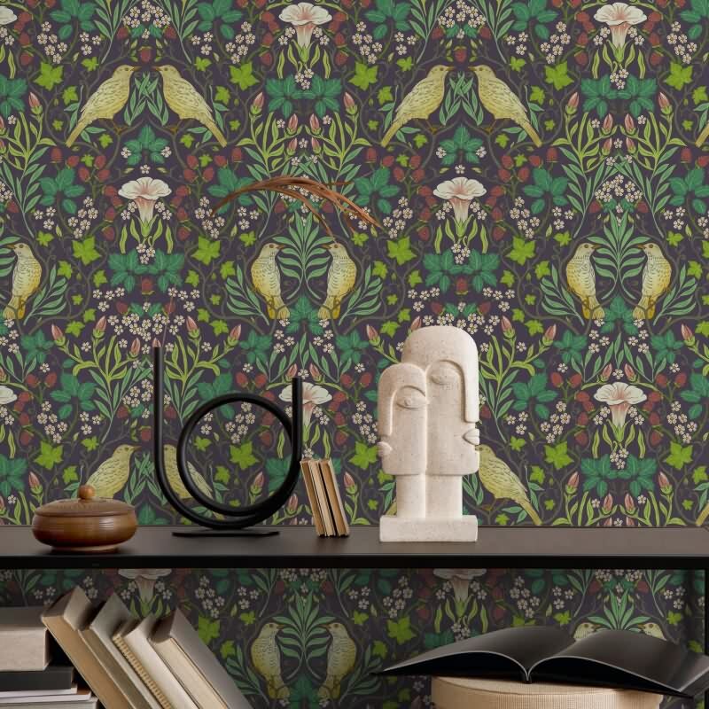 Vliestapete Vögel, Blumen Floral Natur in Schwarz für Wohnzimmer, Schlafzimmer, Lounge (KG-172858)