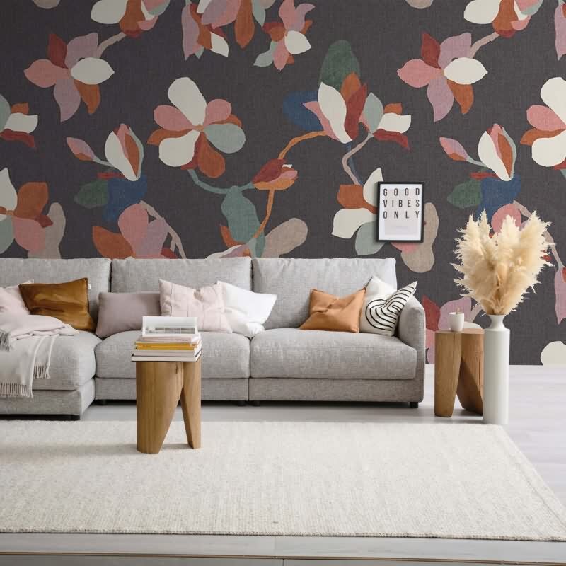 Digitaldruck Blumen, Blätter Floral Natur, Modern in Anthrazit für Wohnzimmer, Schlafzimmer (KG-172892)