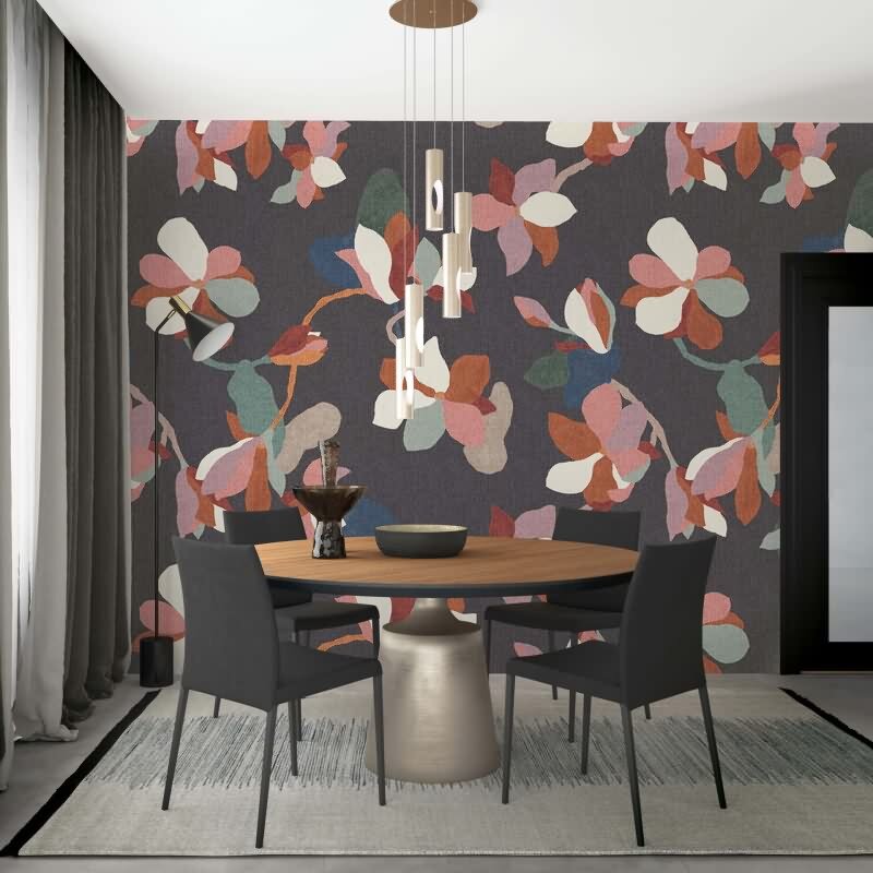 Digitaldruck Blumen, Blätter Floral Natur, Modern in Anthrazit für Wohnzimmer, Schlafzimmer (KG-172892)