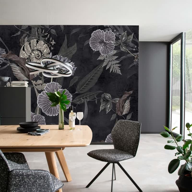 Digitaldruck Blumen, Blätter Floral Natur, Modern in Schwarz für Wohnzimmer, Schlafzimmer (KG-172894)