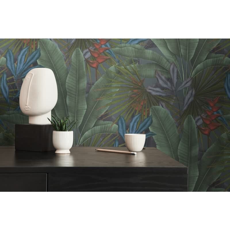 Dschungel-Tapete Dunkelgrün Blau Rot - Vliestapete mit Blättermuster matt (KG-172935)