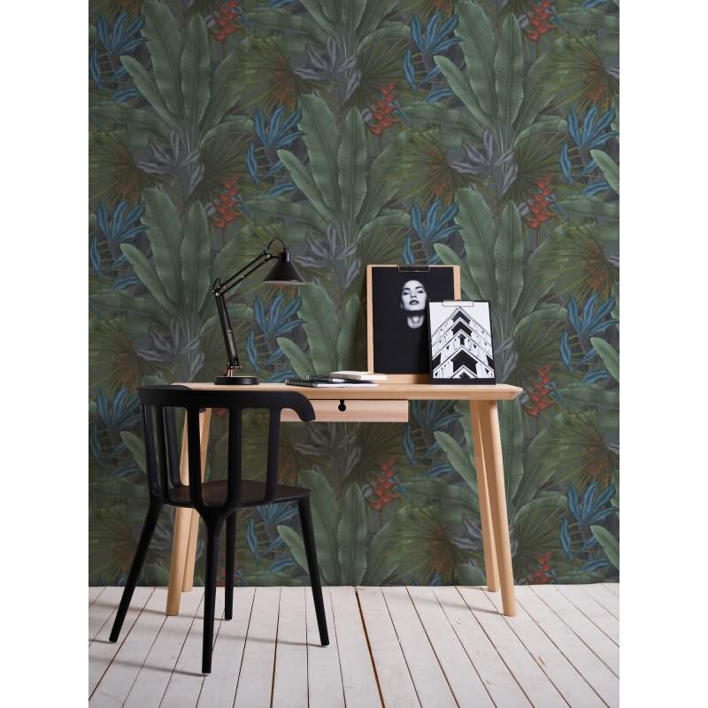 Dschungel-Tapete Dunkelgrün Blau Rot - Vliestapete mit Blättermuster matt (KG-172935)