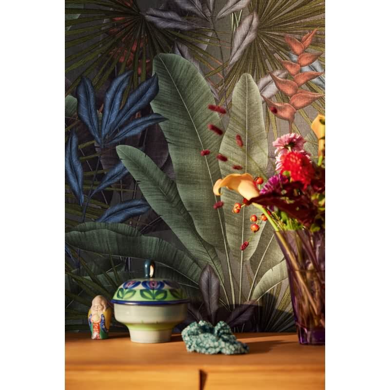 Dschungel-Tapete Dunkelgrün Blau Rot - Vliestapete mit Blättermuster matt (KG-172935)