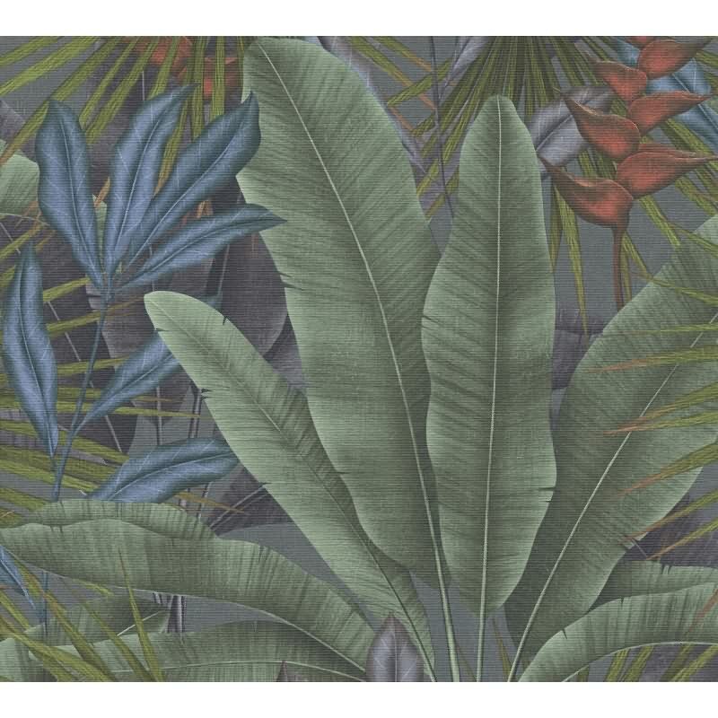 Dschungel-Tapete Dunkelgrün Blau Rot - Vliestapete mit Blättermuster matt (KG-172935)