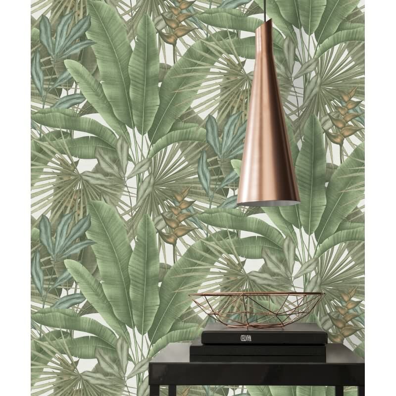 Pflanzen Tapete Grün Naturtöne Beige - Vliestapete mit Dschungelmotiv matt (KG-172936)