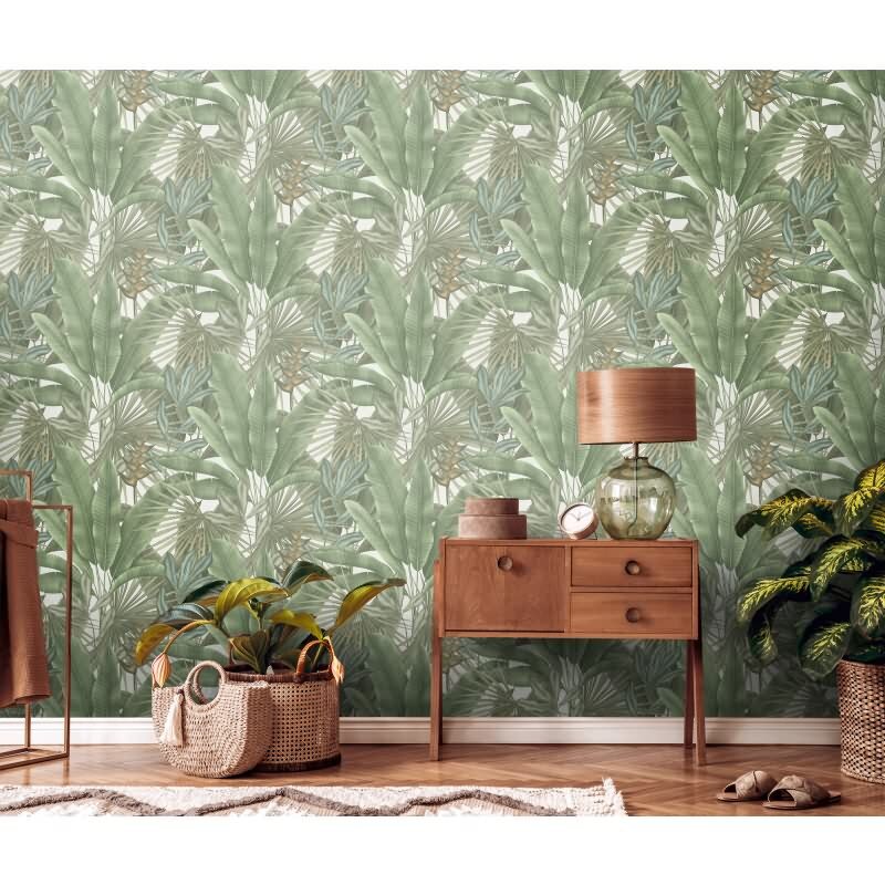 Pflanzen Tapete Grün Naturtöne Beige - Vliestapete mit Dschungelmotiv matt (KG-172936)