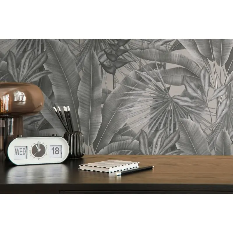 Dschungel-Tapete Schwarz Grau Beige - Vliestapete mit tropischem Blättermuster (KG-172937)
