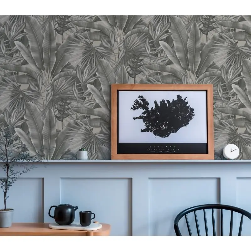 Dschungel-Tapete Schwarz Grau Beige - Vliestapete mit tropischem Blättermuster (KG-172937)