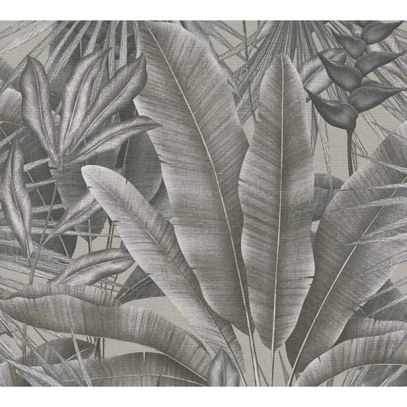 Dschungel-Tapete Schwarz Grau Beige - Vliestapete mit tropischem Blättermuster (KG-172937)