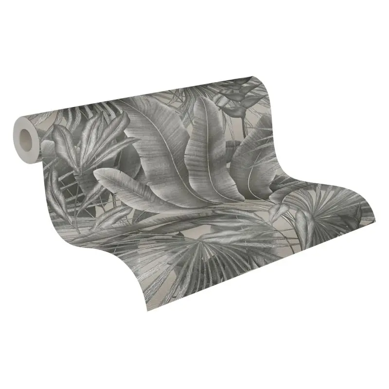 Dschungel-Tapete Schwarz Grau Beige - Vliestapete mit tropischem Blättermuster (KG-172937)