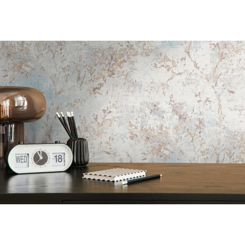 Florale Tapete Vintage Beige Blau - Vliestapete mit Ästen & Blütenmuster (KG-172946)