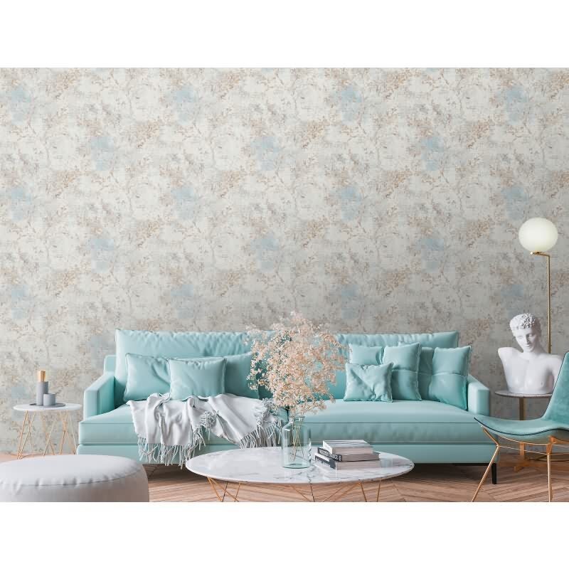 Florale Tapete Vintage Beige Blau - Vliestapete mit Ästen & Blütenmuster (KG-172946)