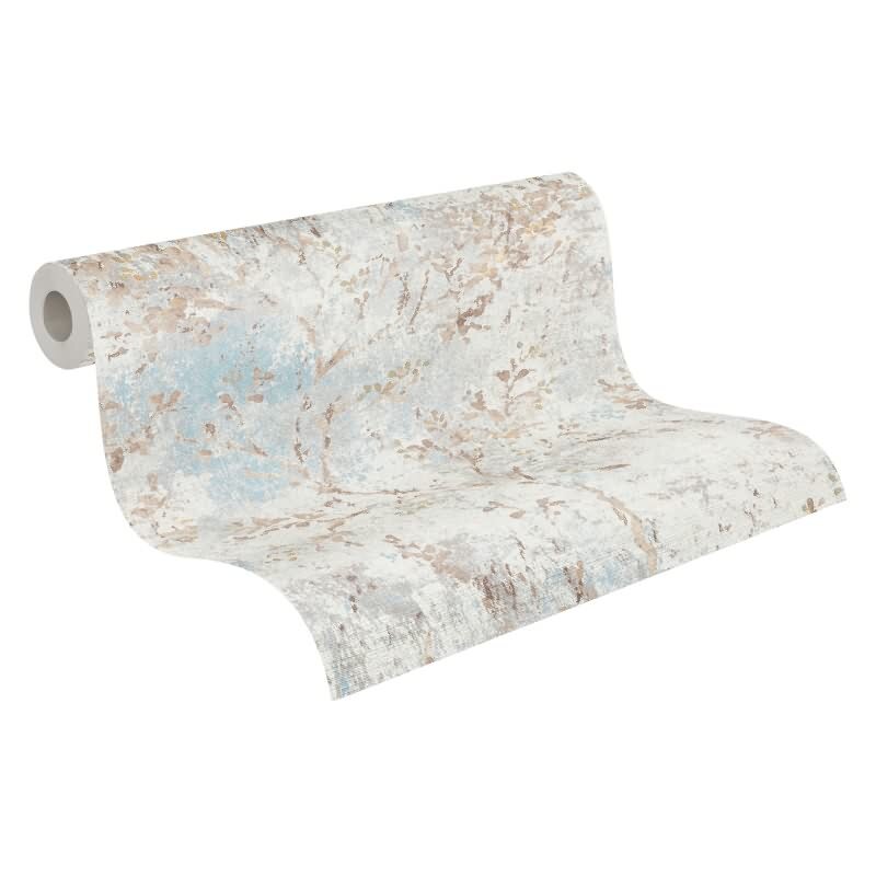 Florale Tapete Vintage Beige Blau - Vliestapete mit Ästen & Blütenmuster (KG-172946)