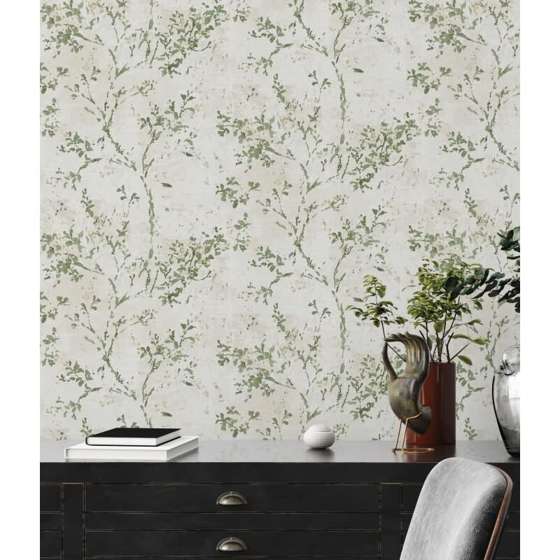 Florale Tapete Vintage Grün Beige - Vliestapete mit Ästen & Aquarelloptik (KG-172948)