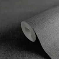 Unitapete in Leinenoptik Schwarz - Strukturierte...