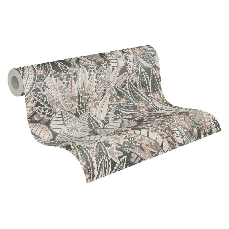 Dschungeltapete Braun Grau Beige - Exotische Muster Tapete floral - Vliestapete strukturiert (KG-172964)