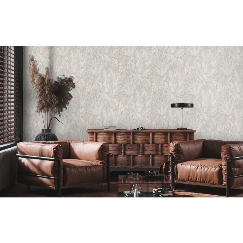 Dschungel-Tapete Grau Creme Beige - Florale Mustertapete zart - Vliestapete strukturiert (KG-172965)