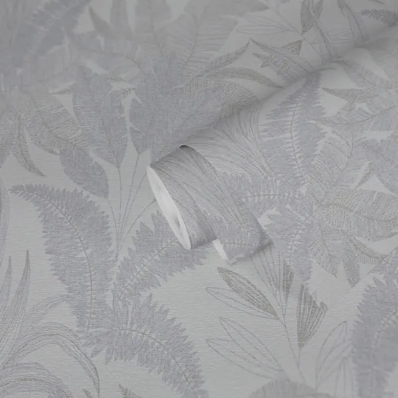 Tropentapete Weiß Grau - Dezentes Blätter Muster - Dschungel Vliestapete mit Struktur (KG-172966)
