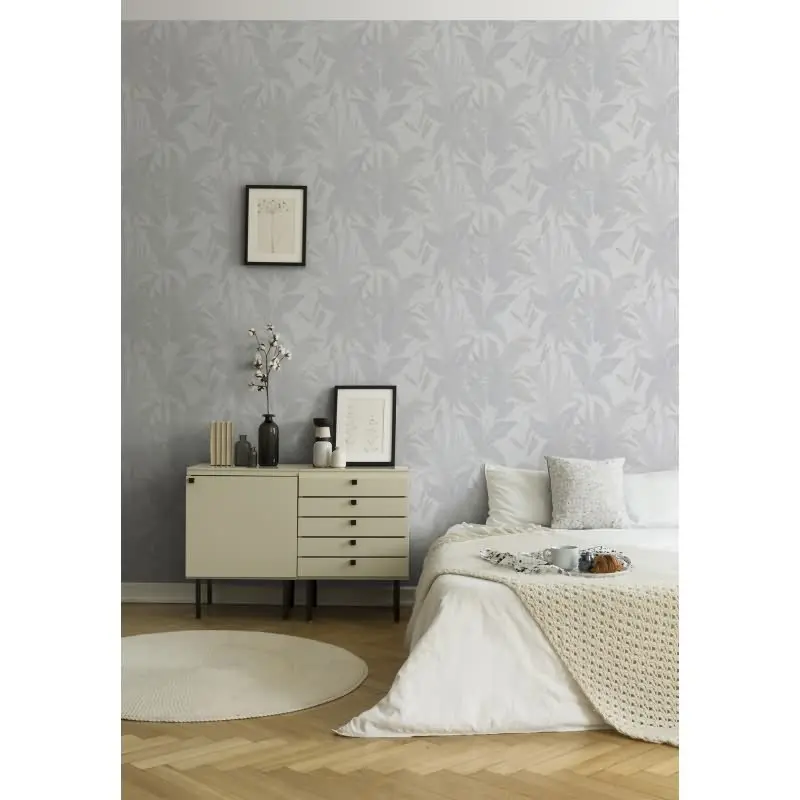 Tropentapete Weiß Grau - Dezentes Blätter Muster - Dschungel Vliestapete mit Struktur (KG-172966)
