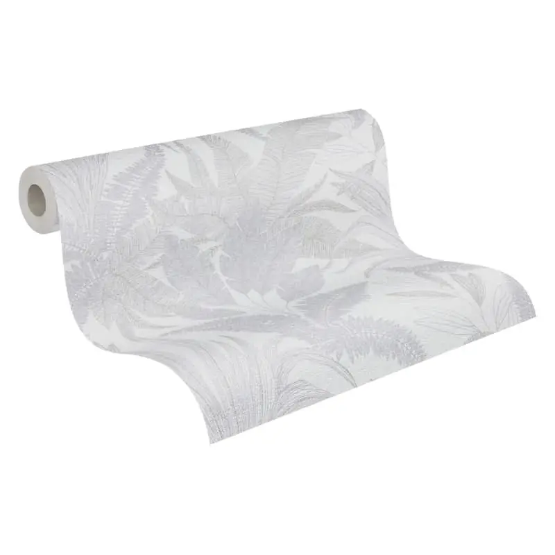 Tropentapete Weiß Grau - Dezentes Blätter Muster - Dschungel Vliestapete mit Struktur (KG-172966)