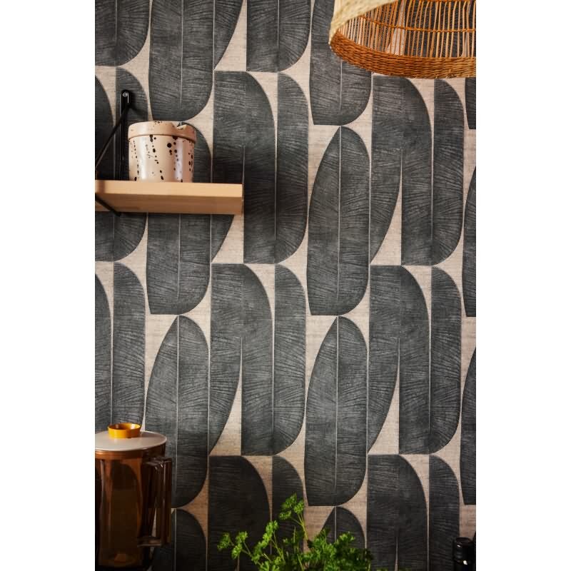 Tapete mit Bananenblättern Beige Schwarz - Grafisches Blättermuster - Vliestapete (KG-172992)