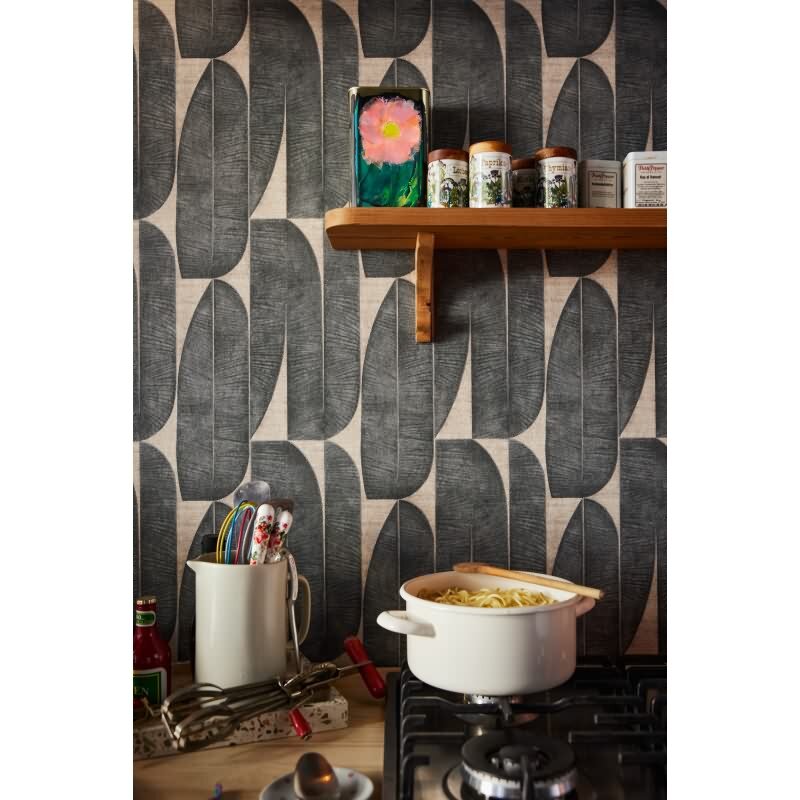 Tapete mit Bananenblättern Beige Schwarz - Grafisches Blättermuster - Vliestapete (KG-172992)