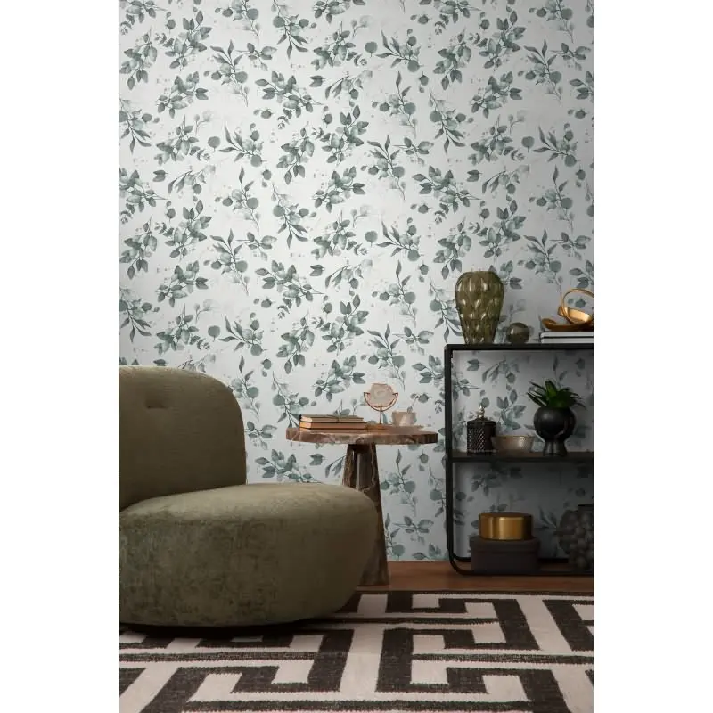 Florale Aquarell-Tapete Weiß Grün Silber - Vliestapete mit Blättern - Natürliche Mustertapete AS-Creation (KG-174526)