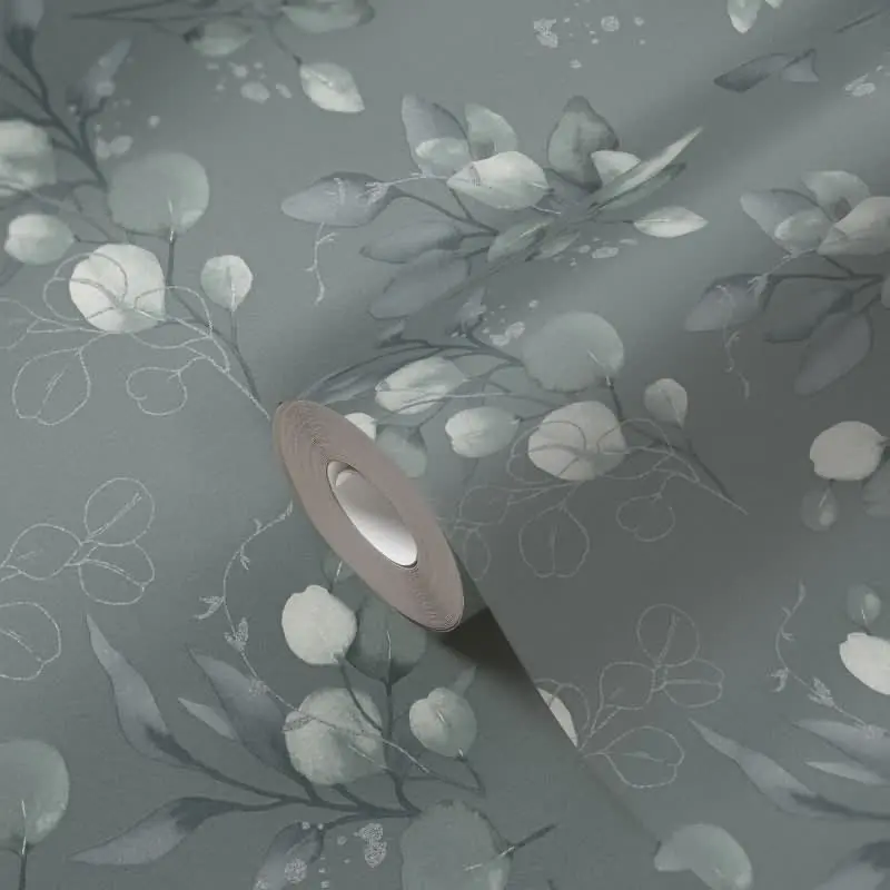 Florale Aquarell-Tapete Dunkelgrün Silber - Vliestapete mit Blättern - Elegante Mustertapete AS-Creation (KG-174527)