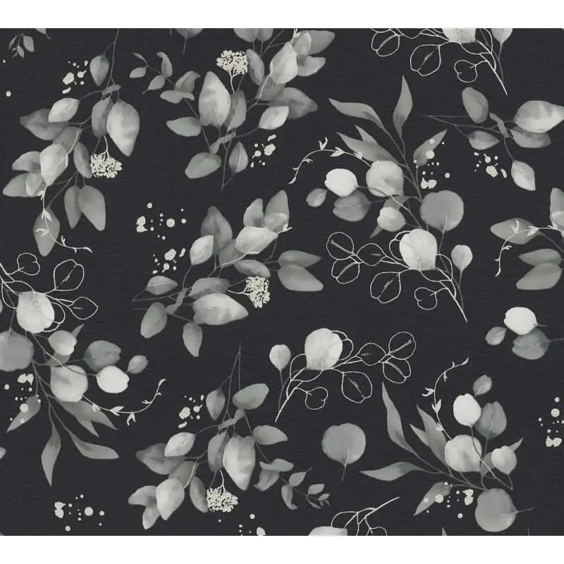 Florale Aquarell-Tapete Schwarz Grau Silber - Vliestapete mit Blättern - Elegante Mustertapete AS-Creation (KG-174529)