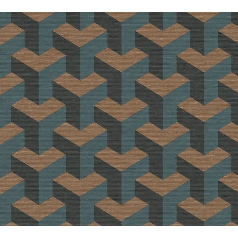3D-Tapete Würfeloptik Petrol Kupfer - Vliestapete geometrisch modern - Mustertapete livingwalls (KG-174638)