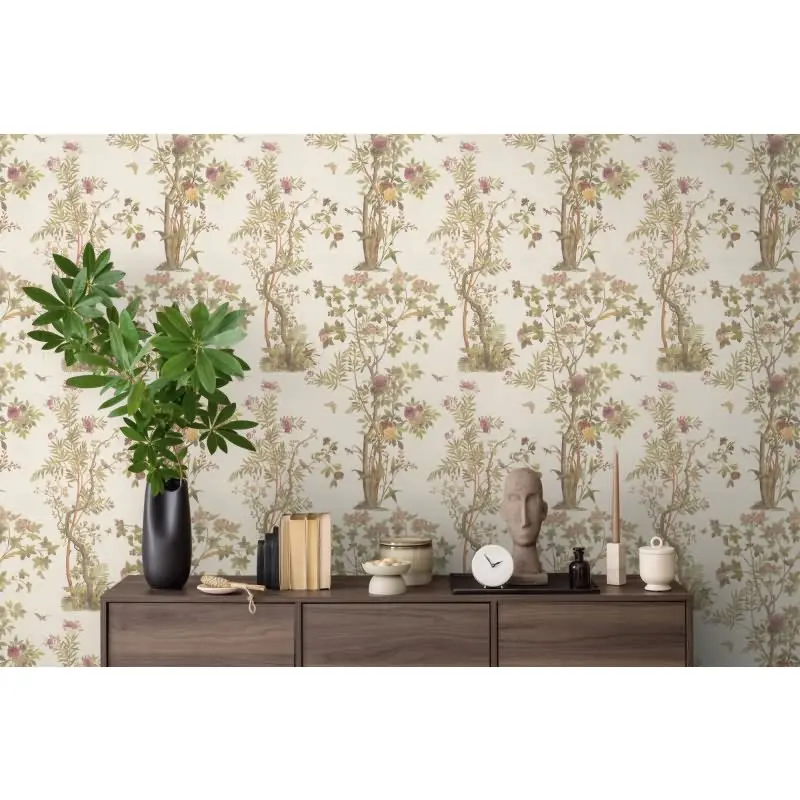 Blumen-Tapete mit Schmetterlinge Beige Grün Rosa - Vliestapete klassisch elegant AS-Creation (KG-174678)