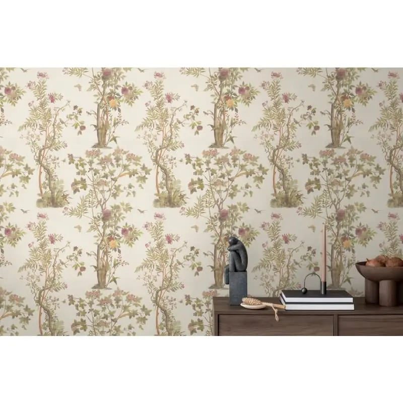 Blumen-Tapete mit Schmetterlinge Beige Grün Rosa - Vliestapete klassisch elegant AS-Creation (KG-174678)