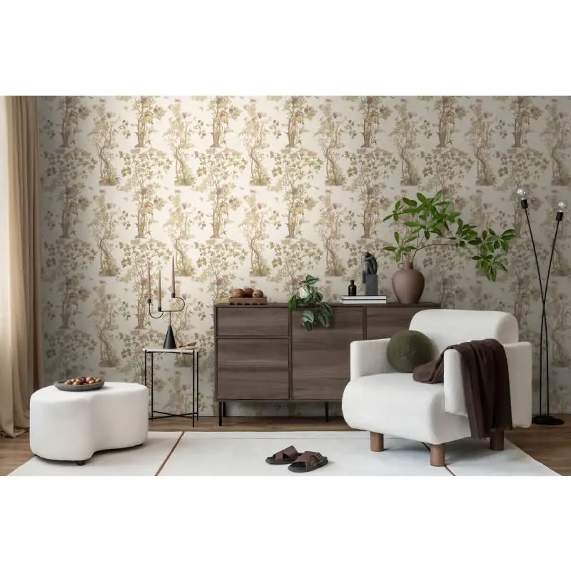 Blumen-Tapete mit Schmetterlinge Beige Grün Rosa - Vliestapete klassisch elegant AS-Creation (KG-174678)