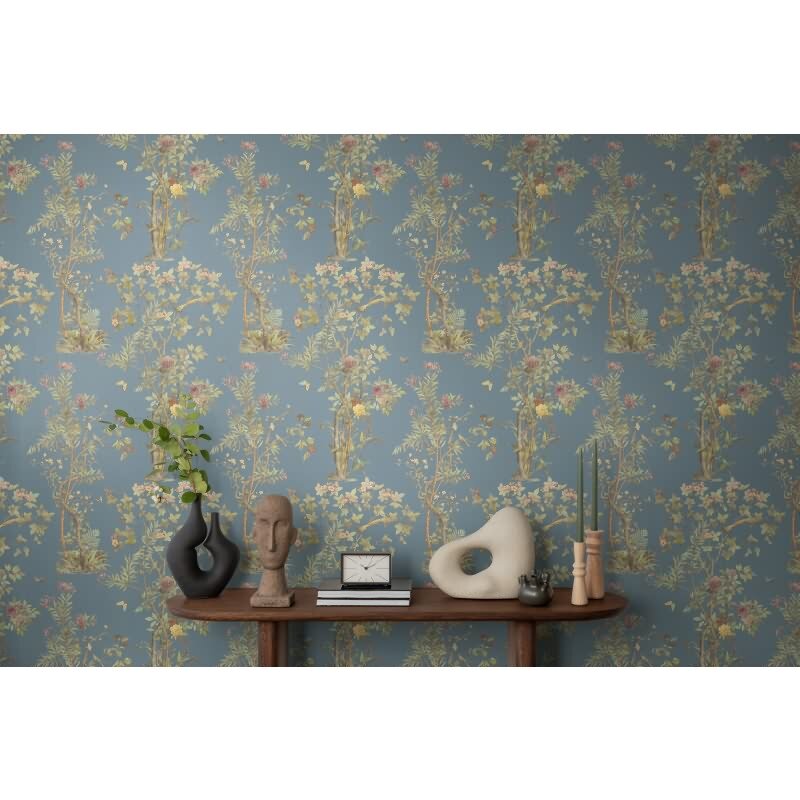 Blumen-Tapete mit Schmetterlinge Blau Bunt - Vliestapete klassisch strukturiert AS-Creation (KG-174679)