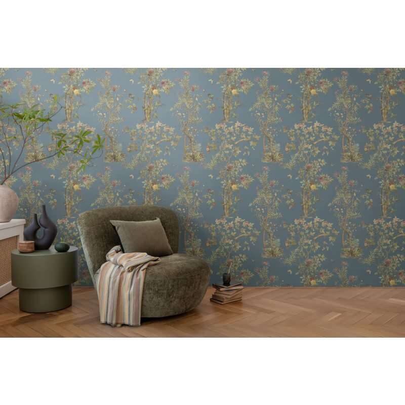 Blumen-Tapete mit Schmetterlinge Blau Bunt - Vliestapete klassisch strukturiert AS-Creation (KG-174679)