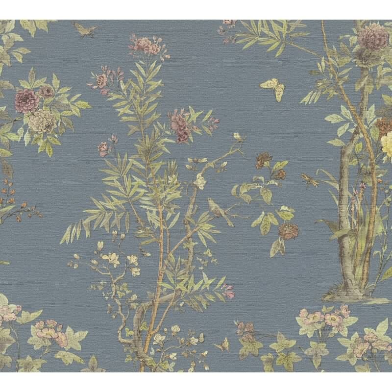 Blumen-Tapete mit Schmetterlinge Blau Bunt - Vliestapete klassisch strukturiert AS-Creation (KG-174679)