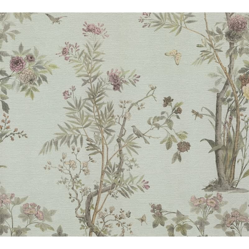 Blumen-Tapete mit Schmetterlinge Mintgrün Bunt - Vliestapete klassisch strukturiert AS-Creation (KG-174680)