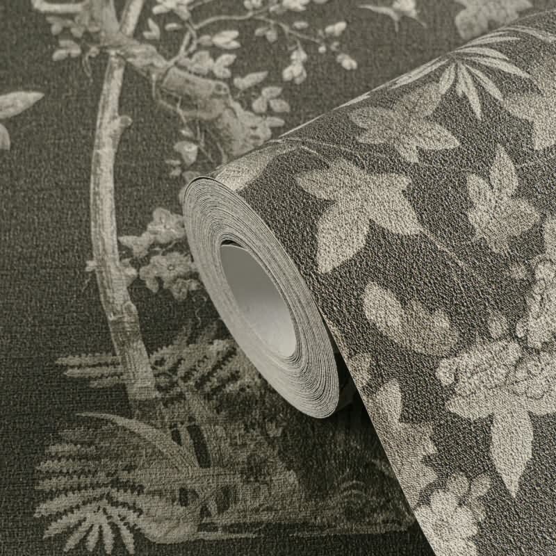 Blumen-Tapete mit Schmetterlinge Schwarz Grau - Vliestapete elegant strukturiert AS-Creation (KG-174681)