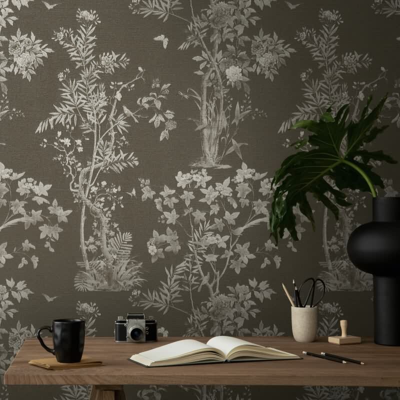 Blumen-Tapete mit Schmetterlinge Schwarz Grau - Vliestapete elegant strukturiert AS-Creation (KG-174681)