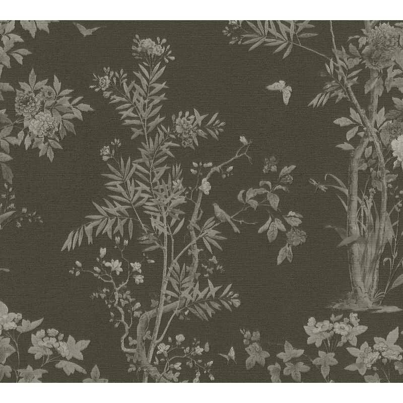 Blumen-Tapete mit Schmetterlinge Schwarz Grau - Vliestapete elegant strukturiert AS-Creation (KG-174681)