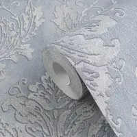 Tapete mit Barockmuster Blau Silber - Gl&auml;nzende...