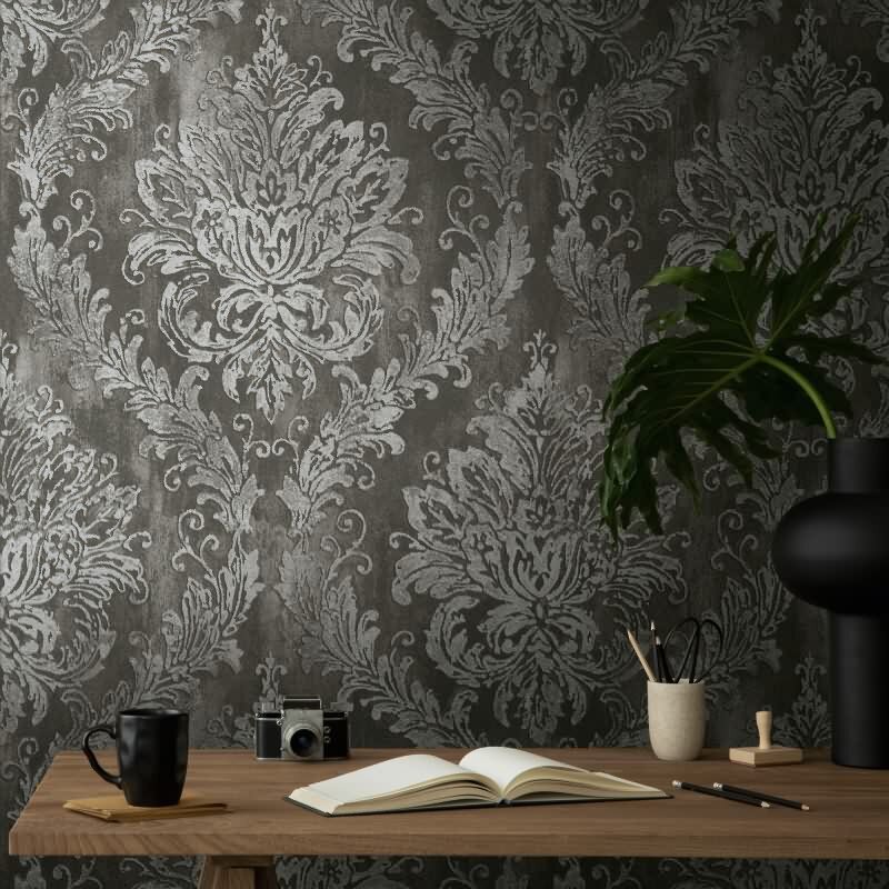 Tapete mit Barockmuster Schwarz Silber - Edle Damast-Optik modern glänzend - Vliestapete AS-Creation (KG-174714)
