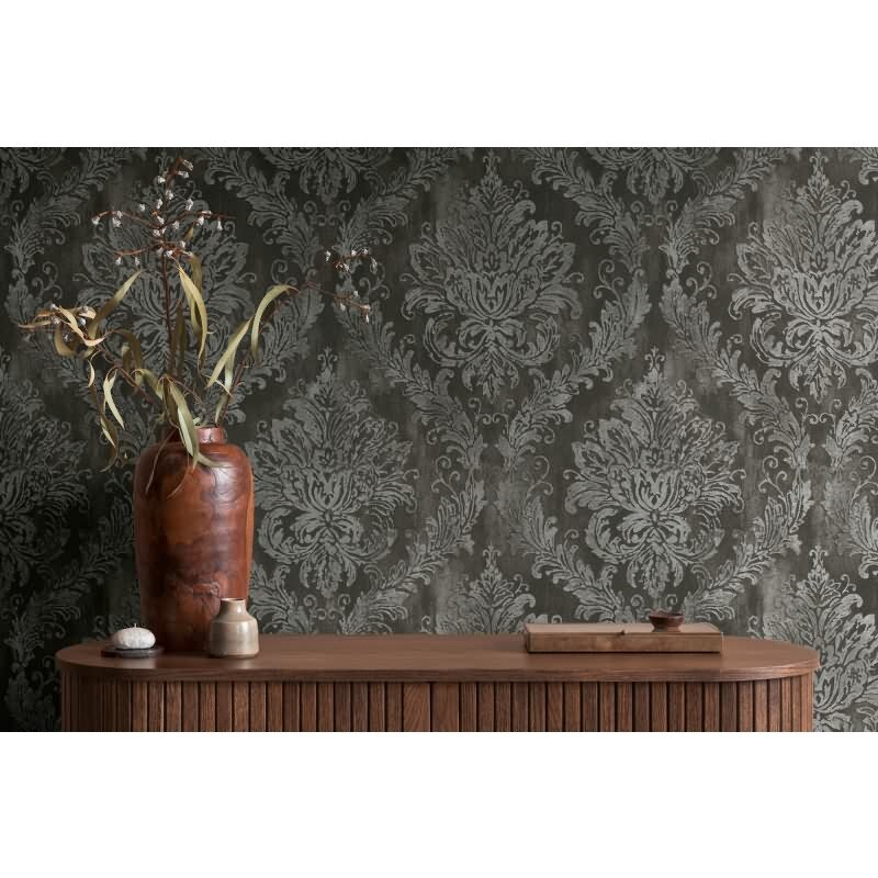 Tapete mit Barockmuster Schwarz Silber - Edle Damast-Optik modern glänzend - Vliestapete AS-Creation (KG-174714)