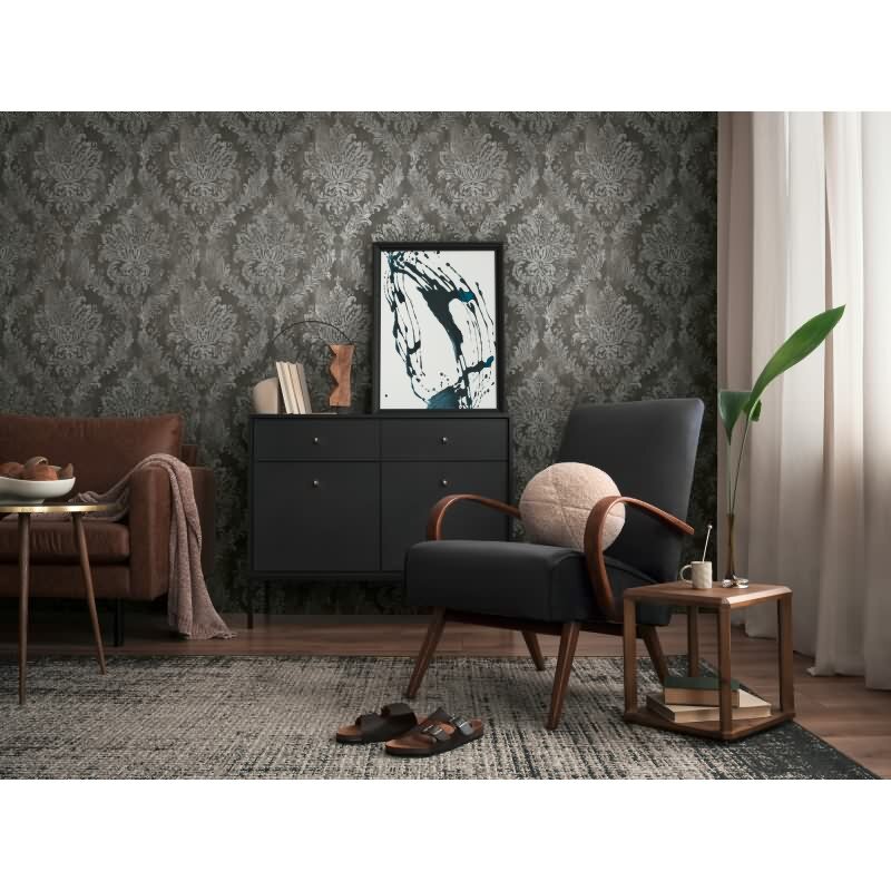 Tapete mit Barockmuster Schwarz Silber - Edle Damast-Optik modern glänzend - Vliestapete AS-Creation (KG-174714)