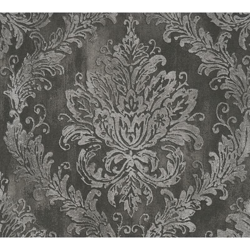 Tapete mit Barockmuster Schwarz Silber - Edle Damast-Optik modern glänzend - Vliestapete AS-Creation (KG-174714)